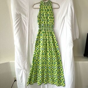 Victoria Road Designer Lined Green Geometric Pattern Maxi Dress Size XS Spring